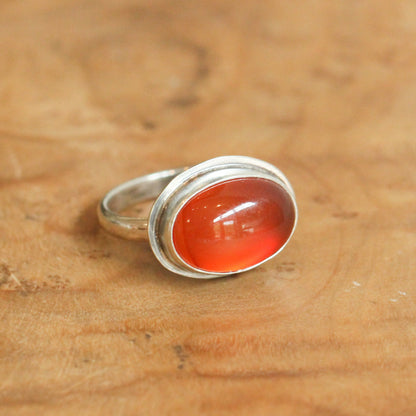 Orange Carnelian Sterling Silver Ring - East West Oval Silversmith Ring