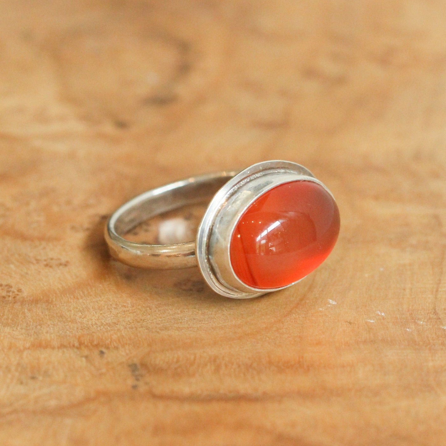 Orange Carnelian Sterling Silver Ring - East West Oval Silversmith Ring