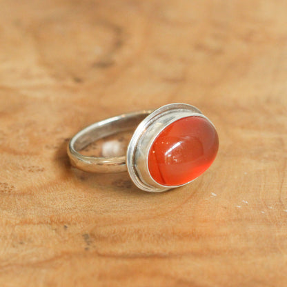 Orange Carnelian Sterling Silver Ring - East West Oval Silversmith Ring