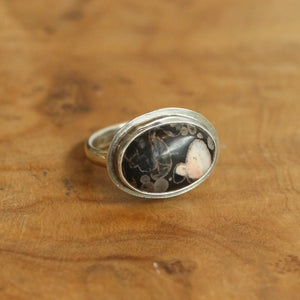 Black Fossil Ring - East West Fossil Ring - Silversmith Ring - Boho Ring - Natural Fossil