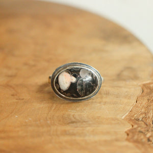 Black Fossil Ring - East West Fossil Ring - Silversmith Ring - Boho Ring - Natural Fossil