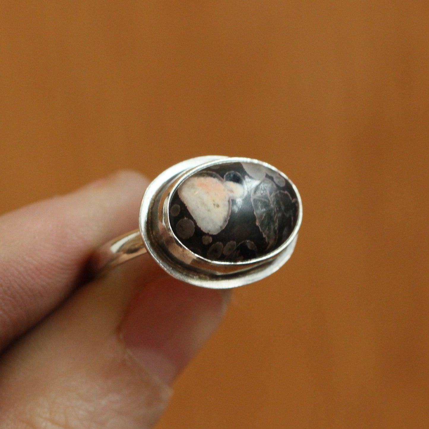 Sterling Silver Fossil Jasper Ring – East West Oval Stone