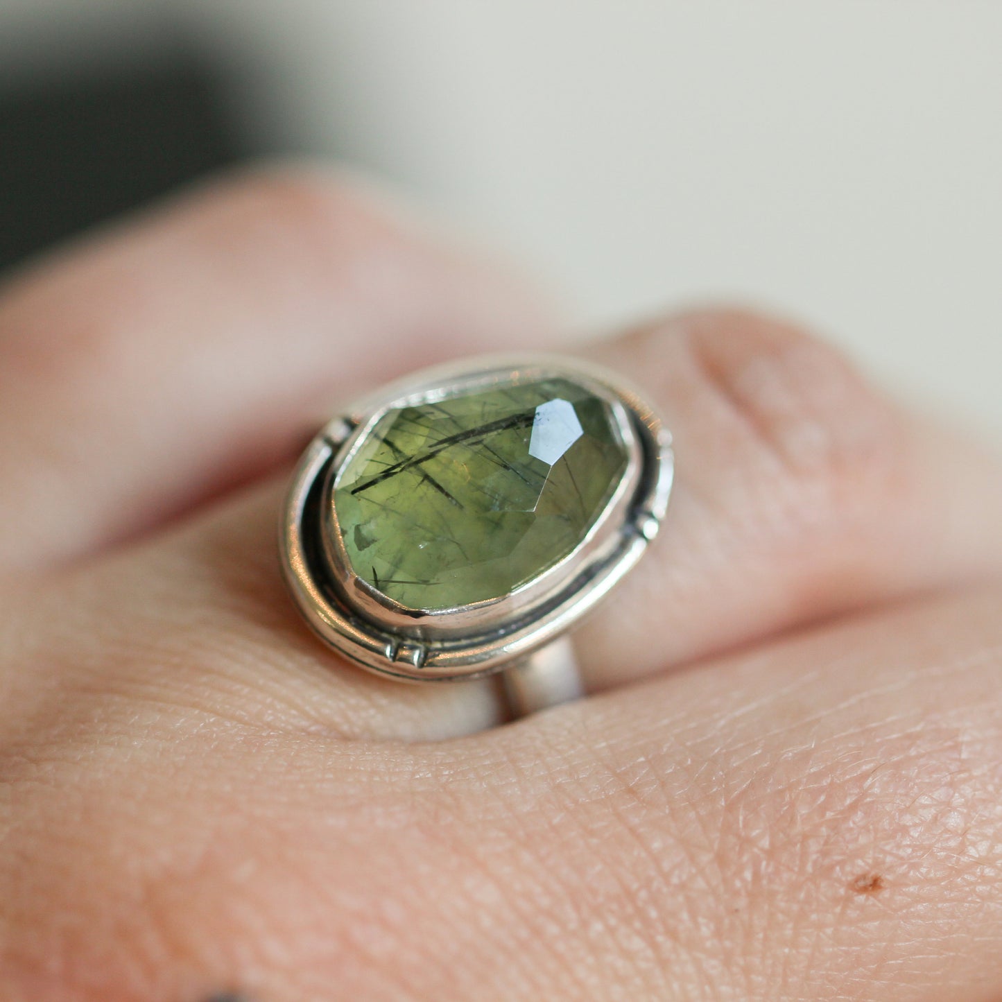 Handmade Sterling Silver Green Prehnite Ring – Chunky Boho Design