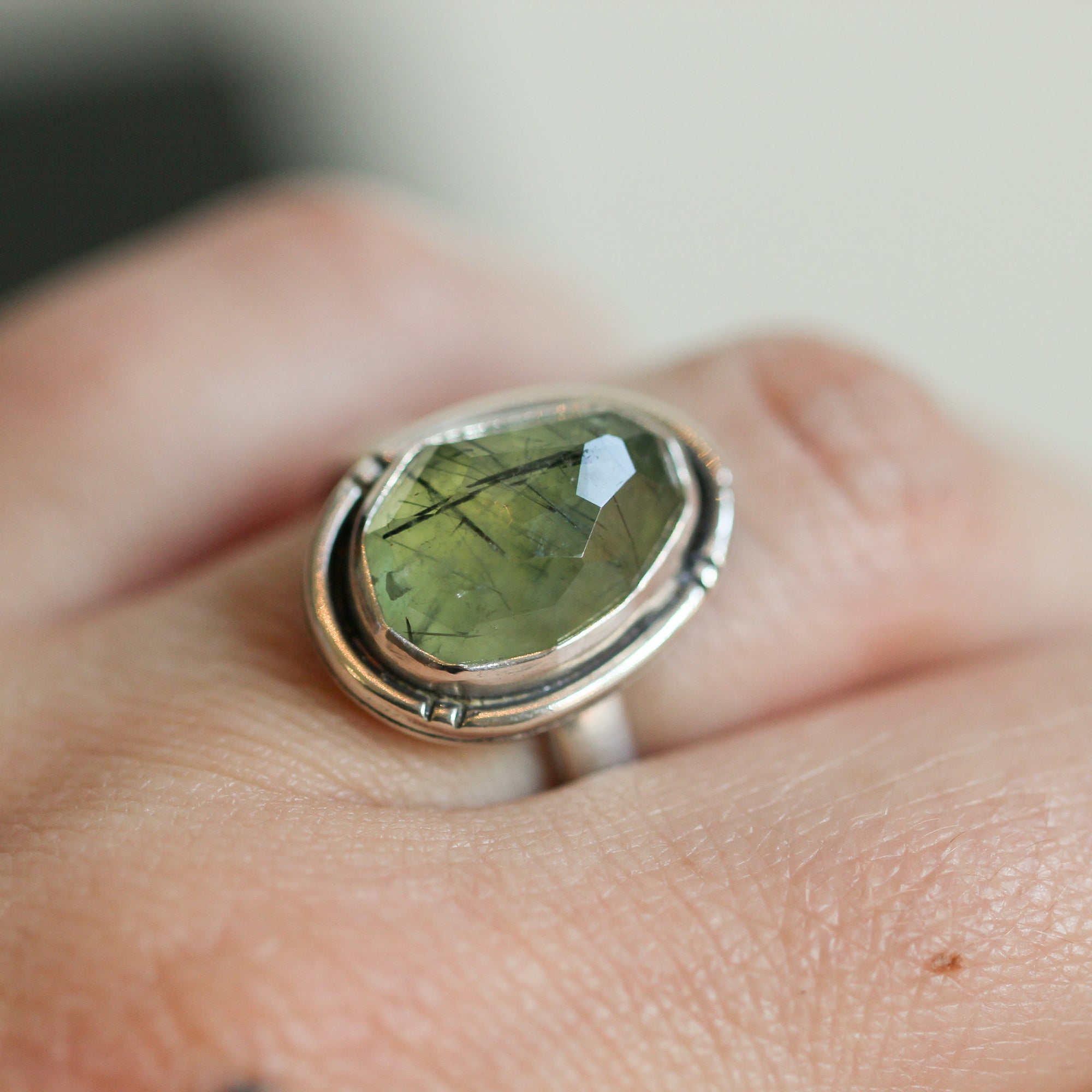Prehnite Chunky Boho Ring - Faceted GreenPrehnite Ring - Silversmith Ring