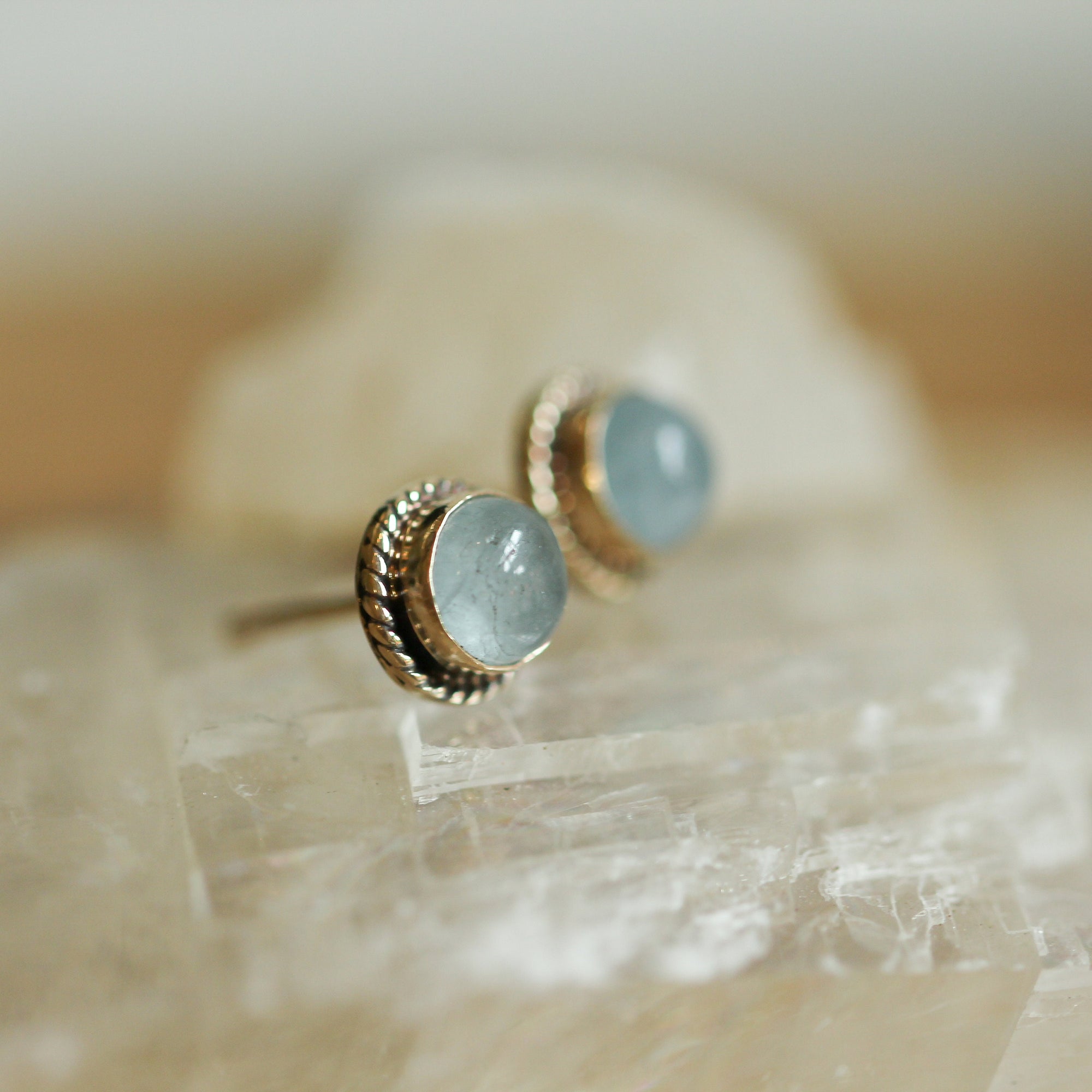 14K Gold Aquamarine Posts - 14 Karat Gold Earrings - Aquamarine Studs - Goldsmith