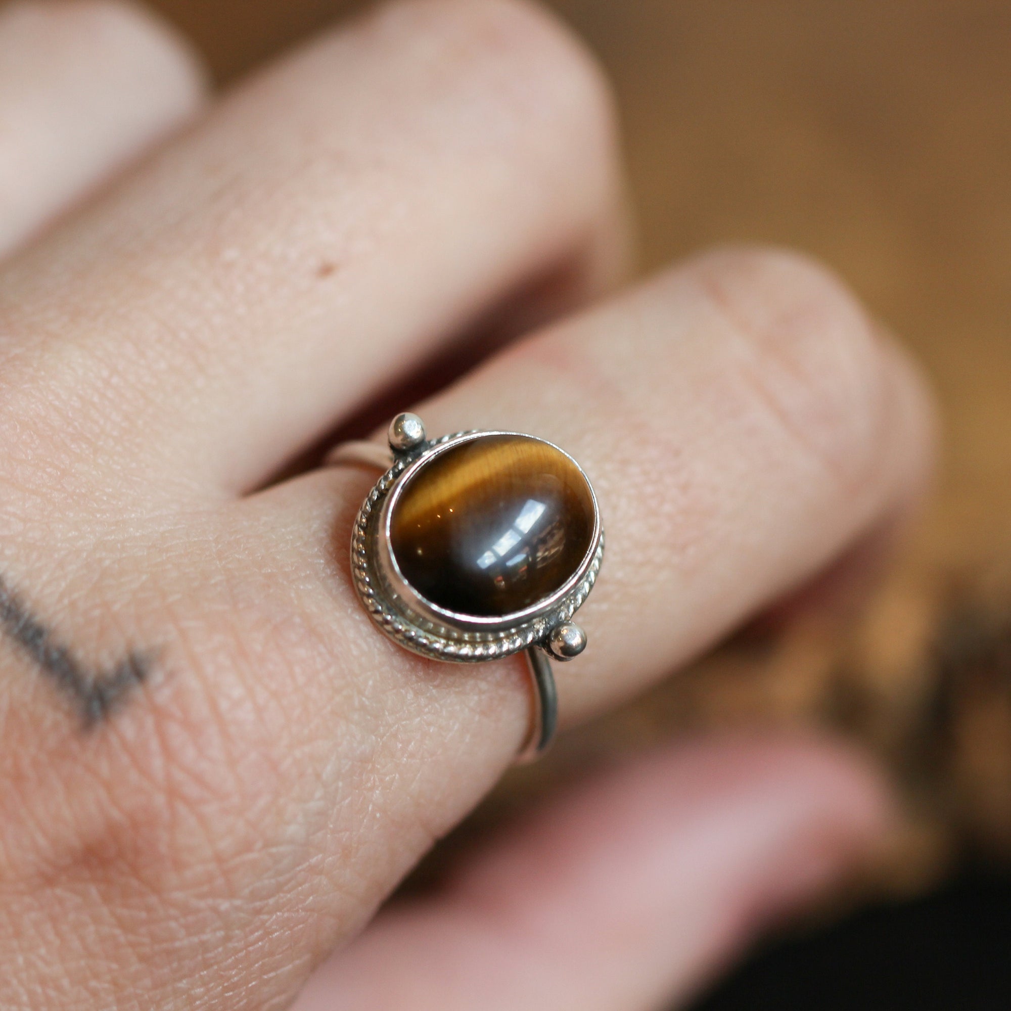 Tigers Eye Delica Ring - Tigers Eye Ring - .925 Sterling Silver - Silversmith