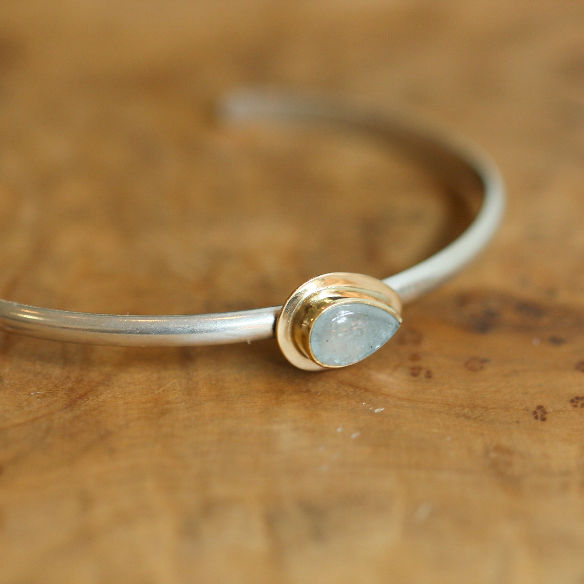 14K Gold Aquamarine Bracelet - Aquamarine Cuff Bracelet - Gold and Silver Bangle