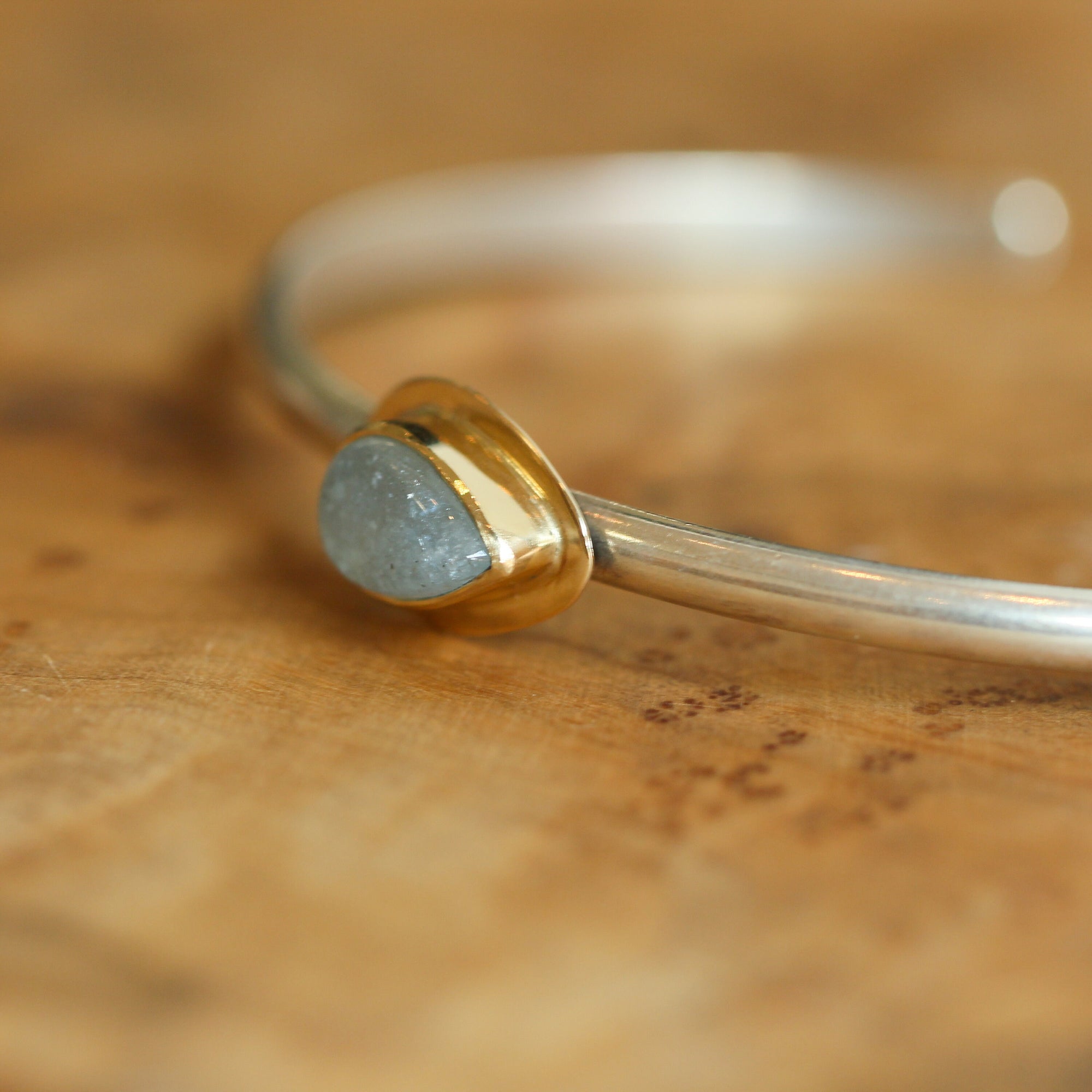 14K Gold Aquamarine Bracelet - Aquamarine Cuff Bracelet - Gold and Silver Bangle