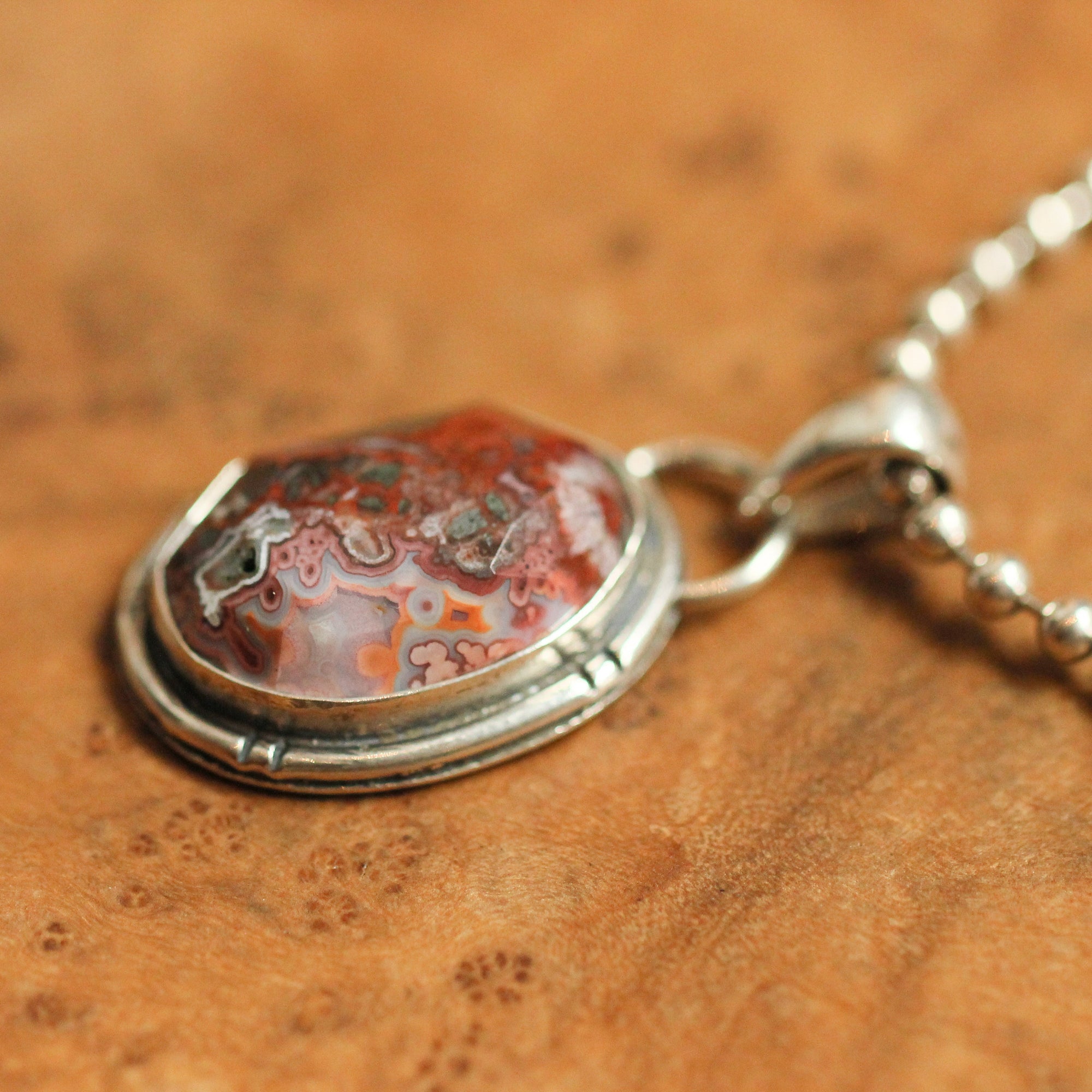 Crazy Lace Agate Pendant - Silversmith - .925 Sterling Silver - Rose Cut Crazy Lace Agate Necklace