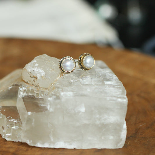Freshwater Pearl Stud Earrings - 14KT and 18KT Gold - Dainty Mabe Pearl