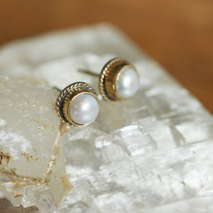 Freshwater Pearl Stud Earrings - 14KT and 18KT Gold - Dainty Mabe Pearl