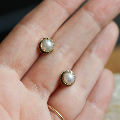 Freshwater Pearl Stud Earrings - 14KT and 18KT Gold - Dainty Mabe Pearl