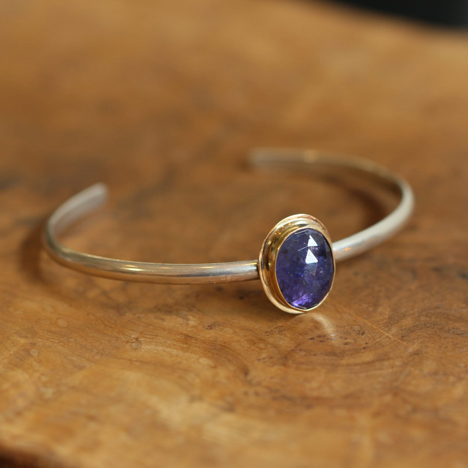 Tanzanite Cuff Bracelet – 14K Gold, Sterling Silver, Rose-Cut Gem