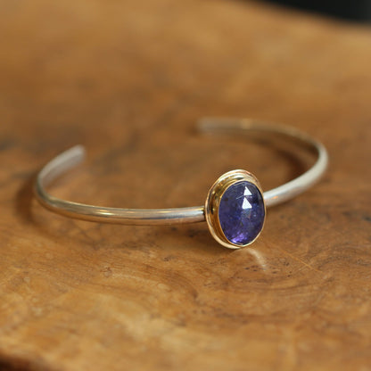 Tanzanite Cuff Bracelet – 14K Gold, Sterling Silver, Rose-Cut Gem