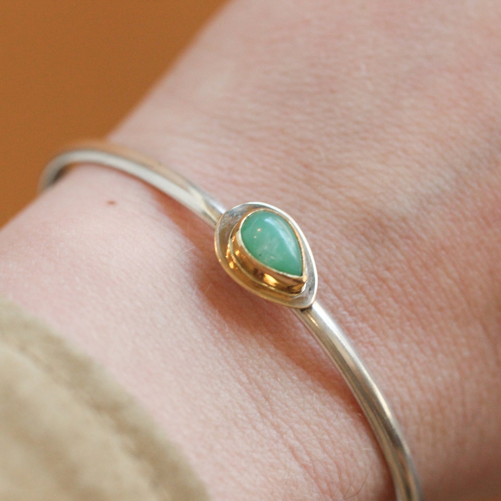 Burma Jade Cuff Bracelet - Ready to Ship - Silver and Gold Bangle - 18K Gold Bezel