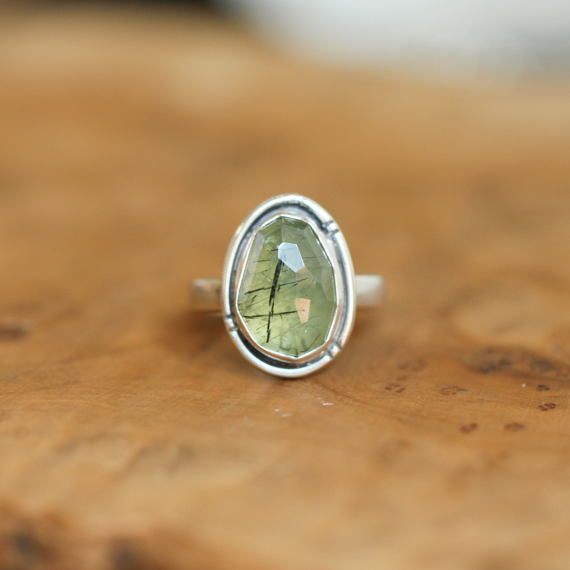 Handmade Sterling Silver Green Prehnite Ring – Chunky Boho Design
