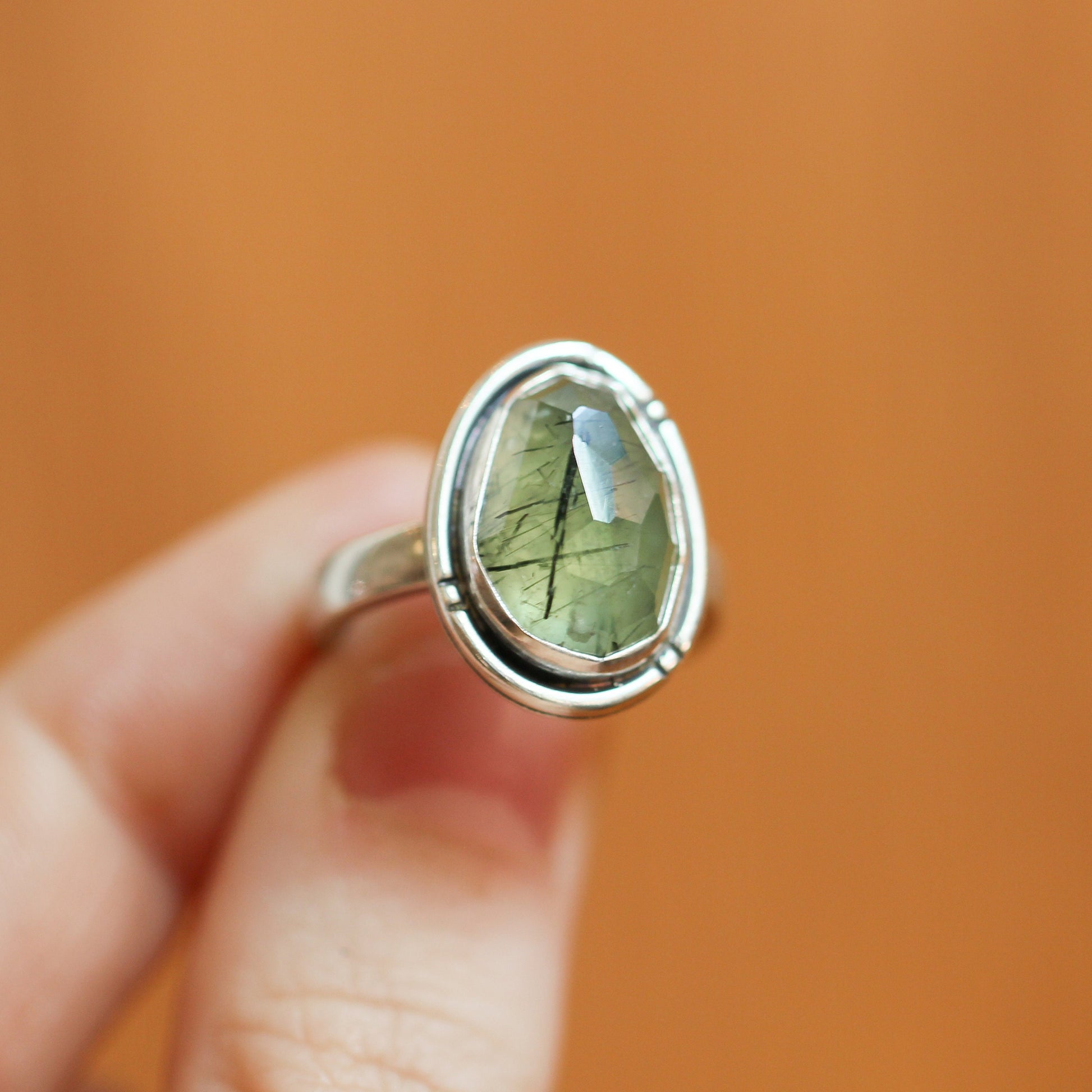 Handmade Sterling Silver Green Prehnite Ring – Chunky Boho Design