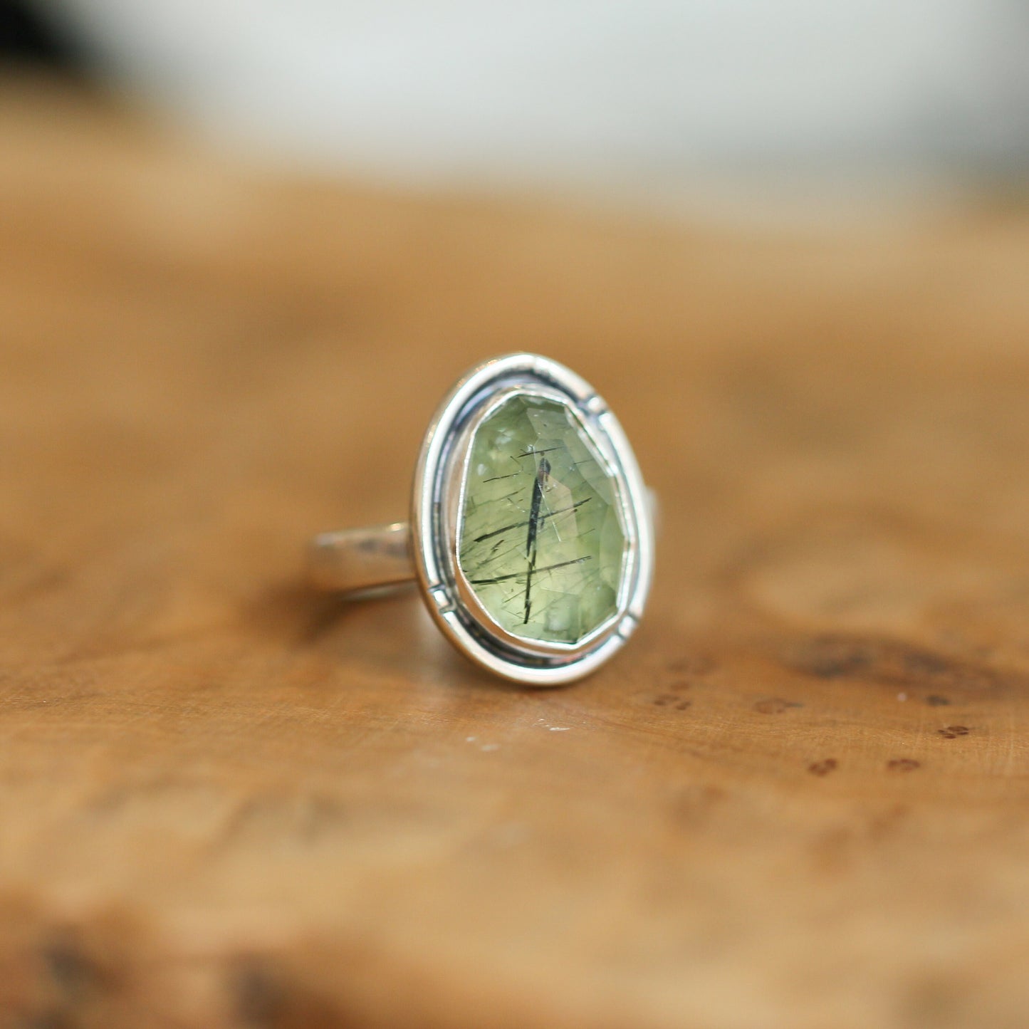 Handmade Sterling Silver Green Prehnite Ring – Chunky Boho Design