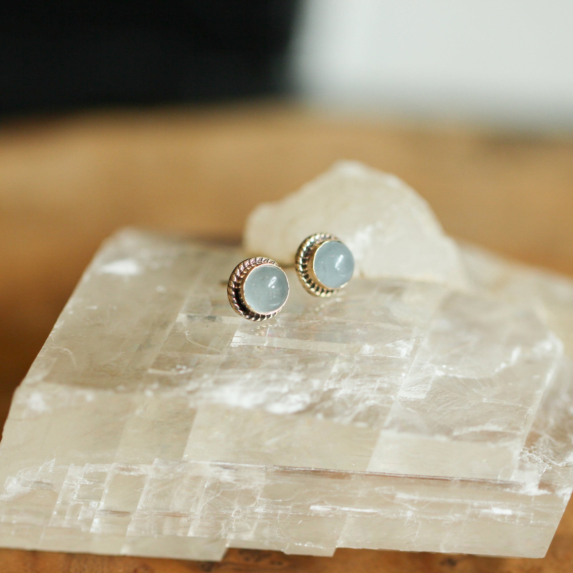 14K Gold Aquamarine Posts - 14 Karat Gold Earrings - Aquamarine Studs - Goldsmith