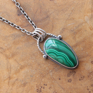 Malachite Basket Pendant - Boho Malachite Necklace - Natural Green Malachite - Silversmith