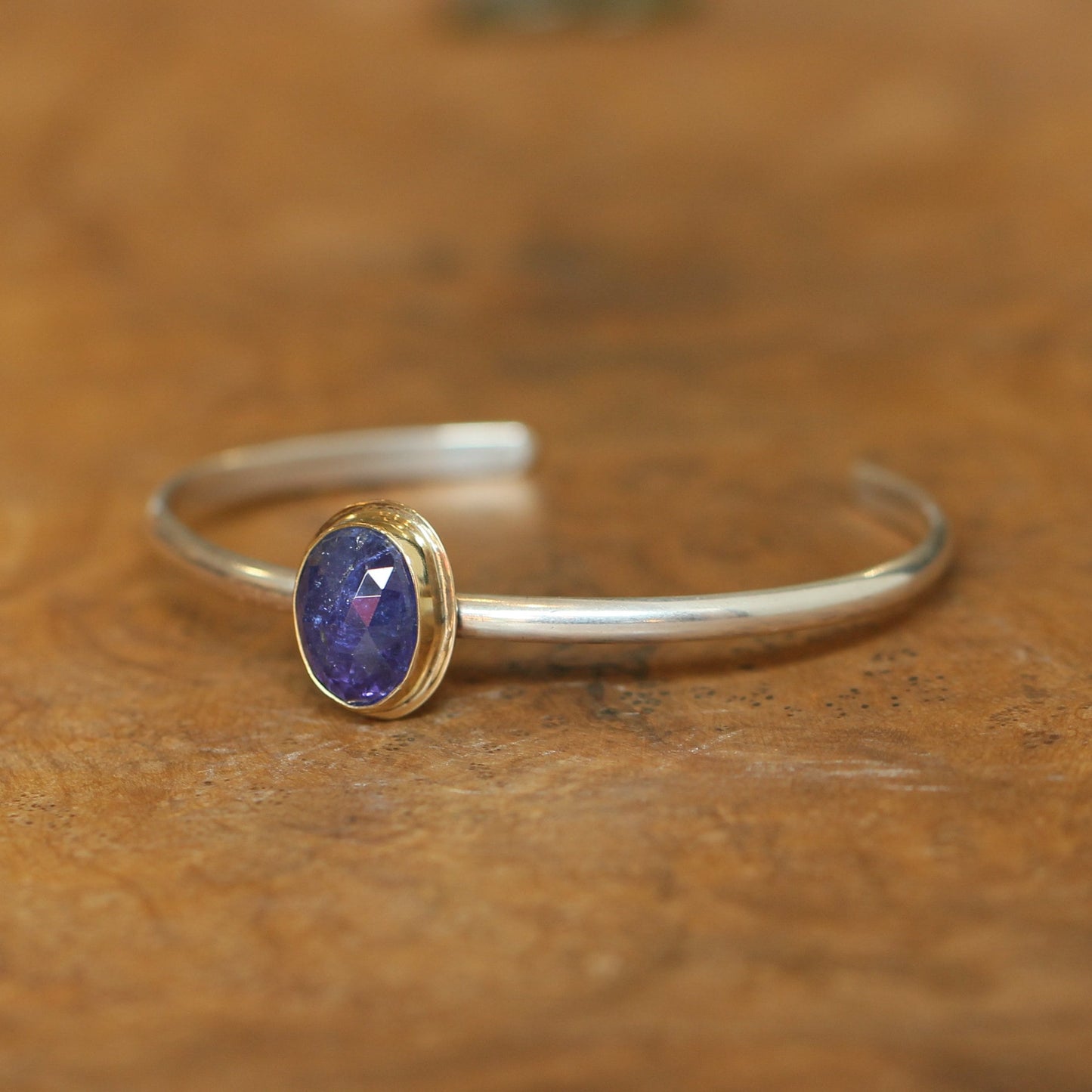 Tanzanite Cuff Bracelet – 14K Gold, Sterling Silver, Rose-Cut Gem