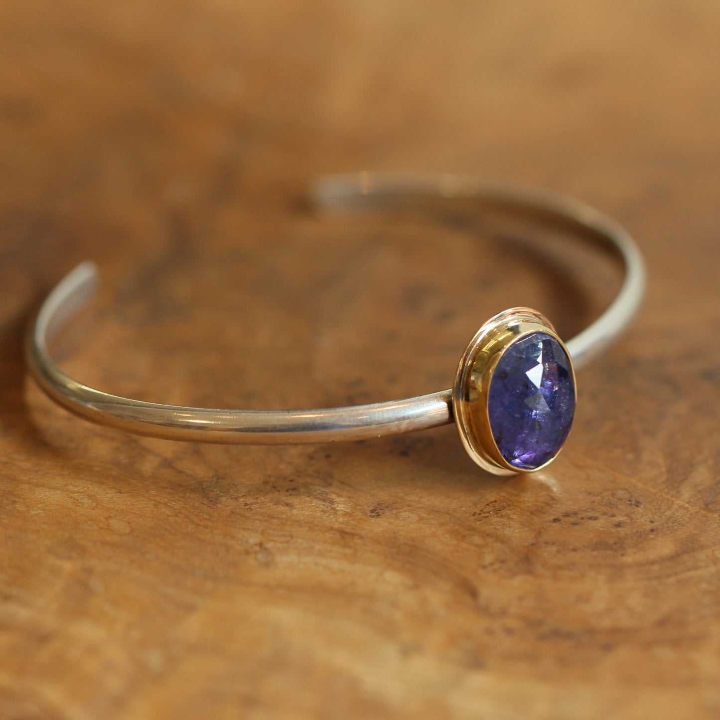 Tanzanite Cuff Bracelet – 14K Gold, Sterling Silver, Rose-Cut Gem