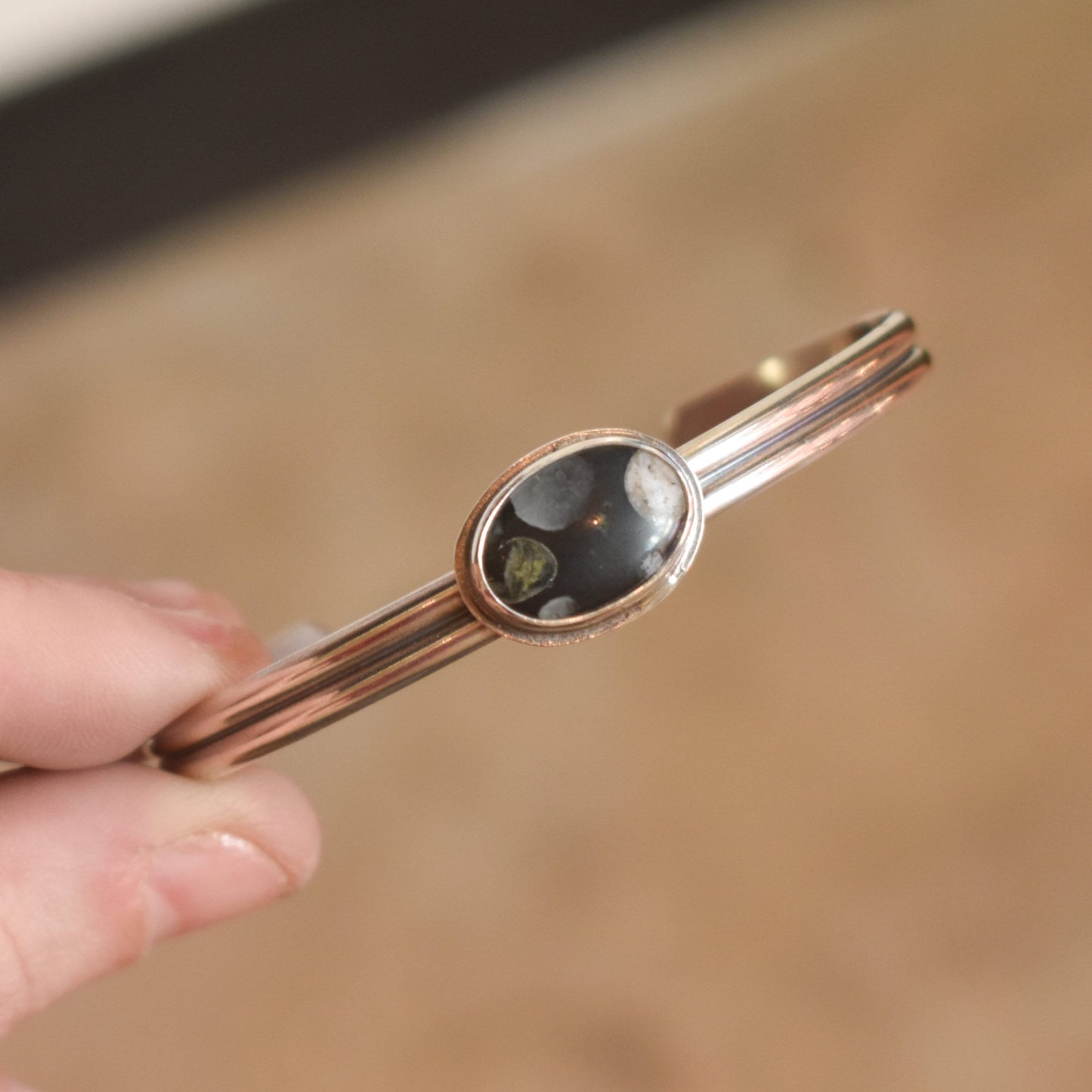 Silversmith Fossil Jasper Cuff Bracelet – Sterling Silver Bangle