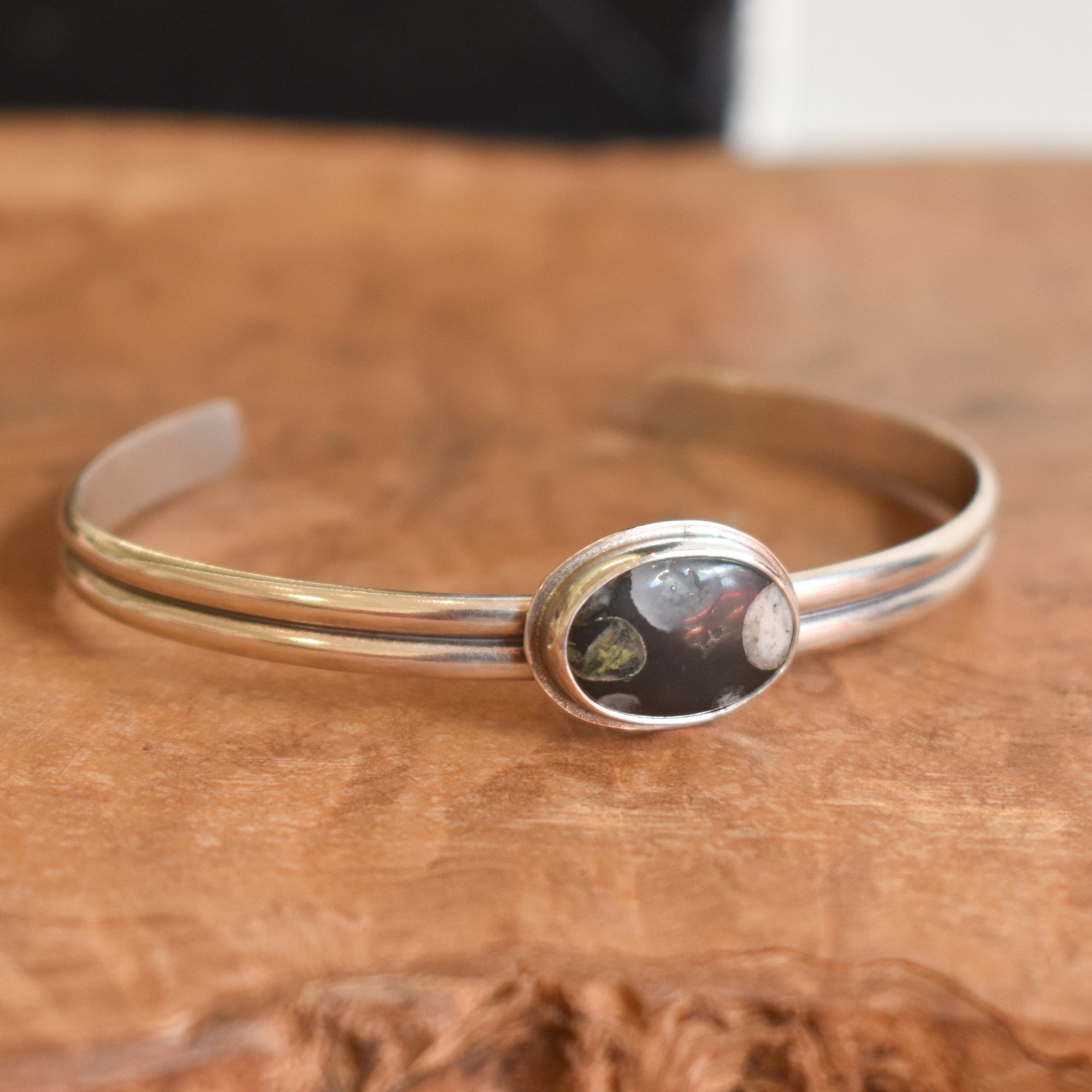 Silversmith Fossil Jasper Cuff Bracelet – Sterling Silver Bangle