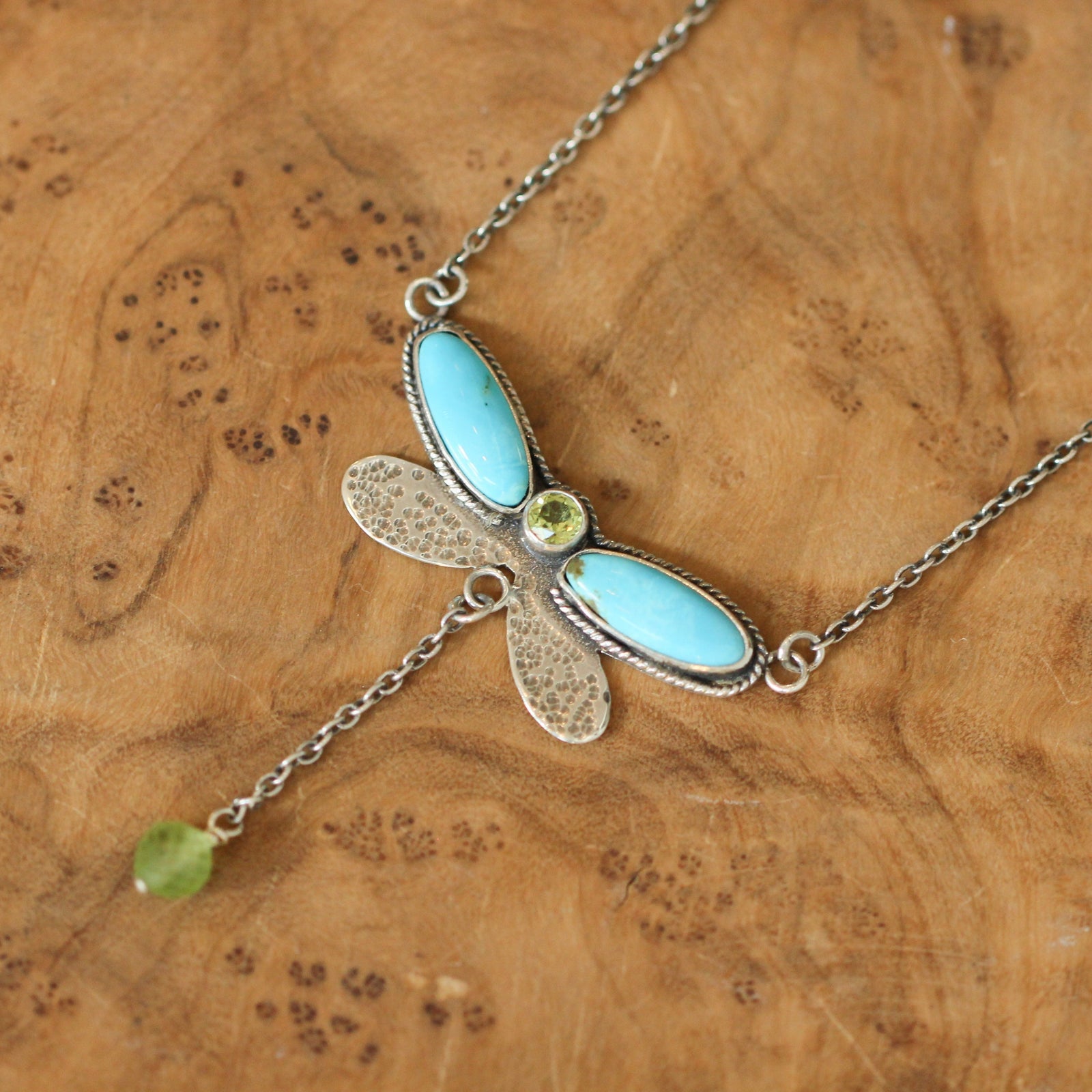 Turquoise Peridot Dragonfly Choker - Turquoise Peridot -Milti-Stone - Sterling Silver