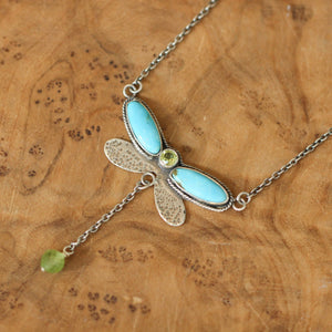 Turquoise Peridot Necklace - Dragonfly Choker - Turquoise & Peridot - Sterling Silver