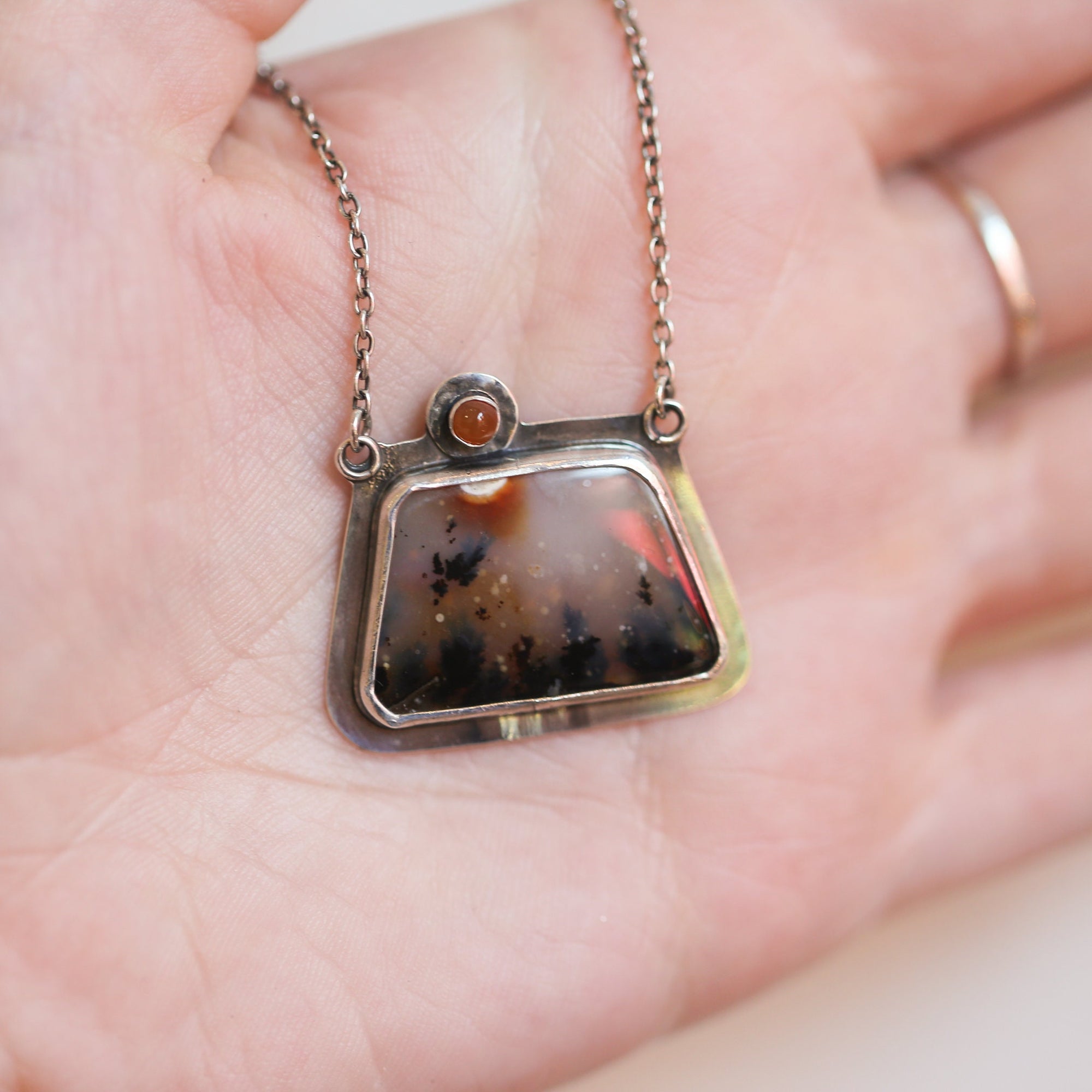 Dendritic Agate and Carnelian Necklace - Ready to Ship - .925 Sterling Silver Pendant - Dendritic Agate Pendant