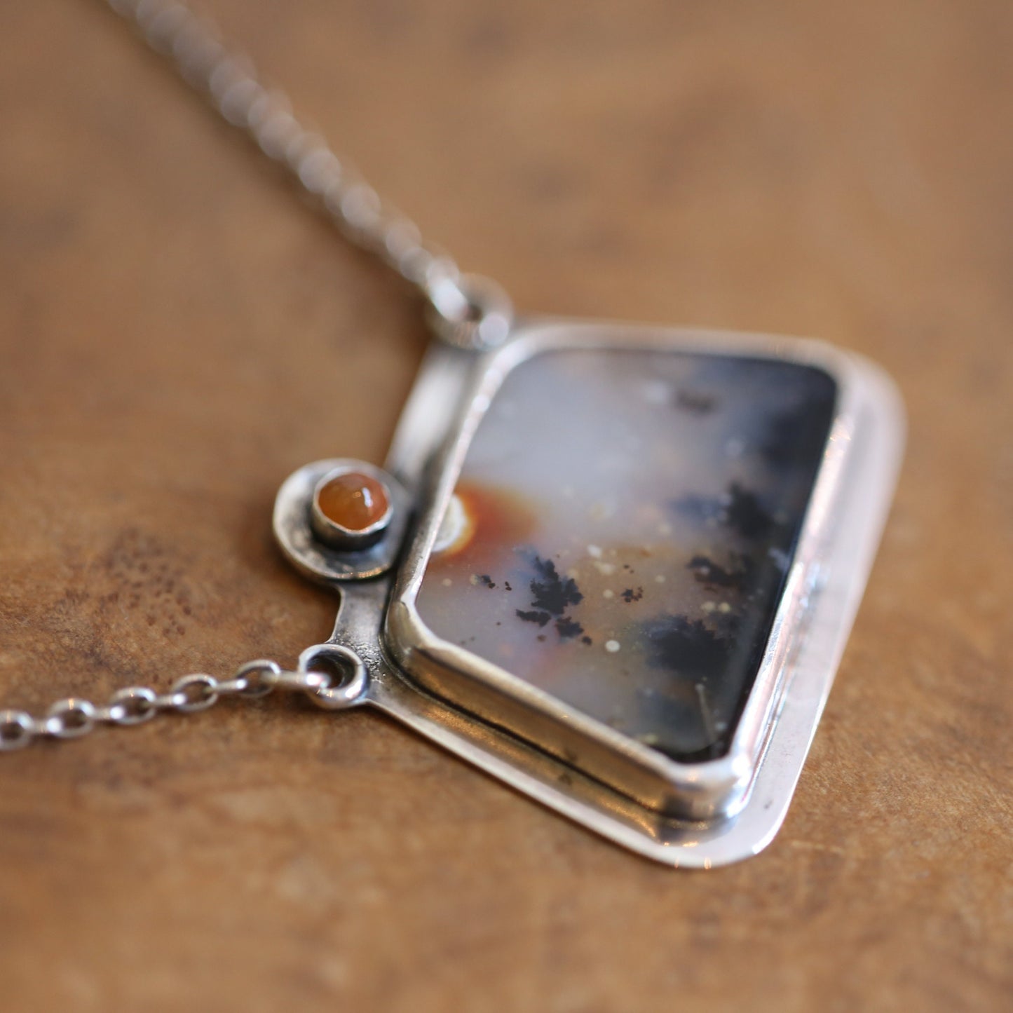 Dendritic Agate and Carnelian Necklace - .925 Sterling Silver Pendant