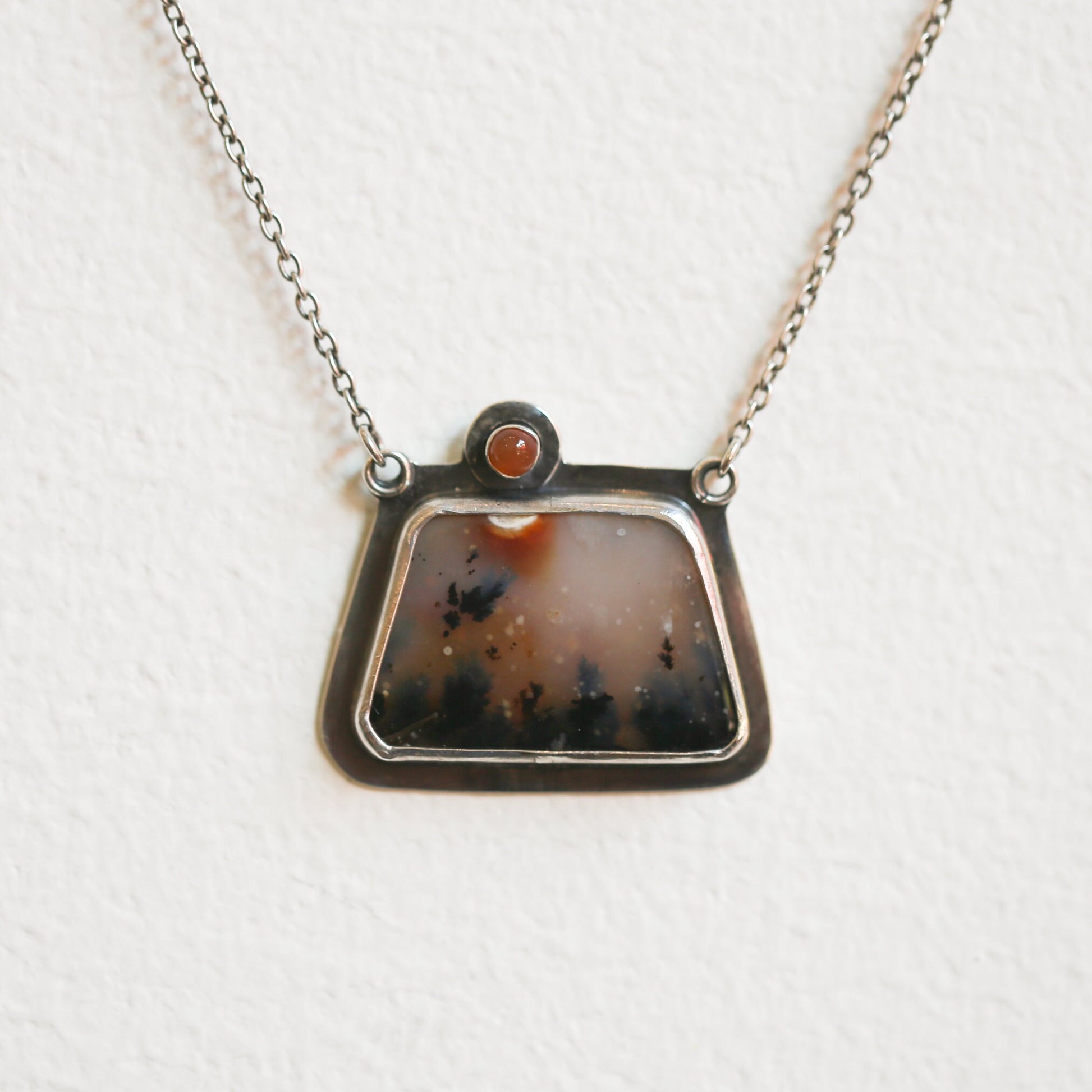 Dendritic Agate and Carnelian Necklace - .925 Sterling Silver Pendant