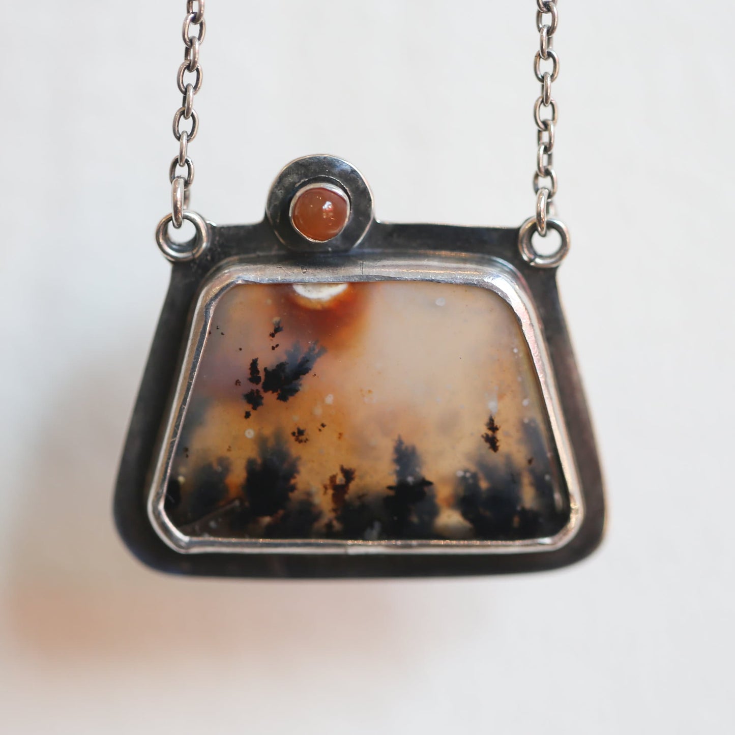 Dendritic Agate and Carnelian Necklace - .925 Sterling Silver Pendant