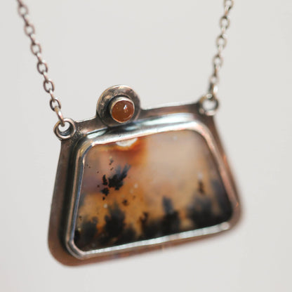 Dendritic Agate and Carnelian Necklace - .925 Sterling Silver Pendant
