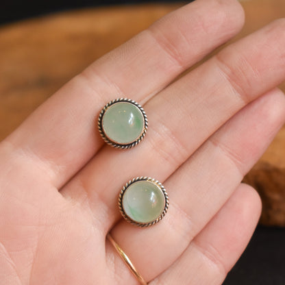 Burma Jade Sterling Silver Stud Earrings 10mm Cabochons – Traditional Silversmithing