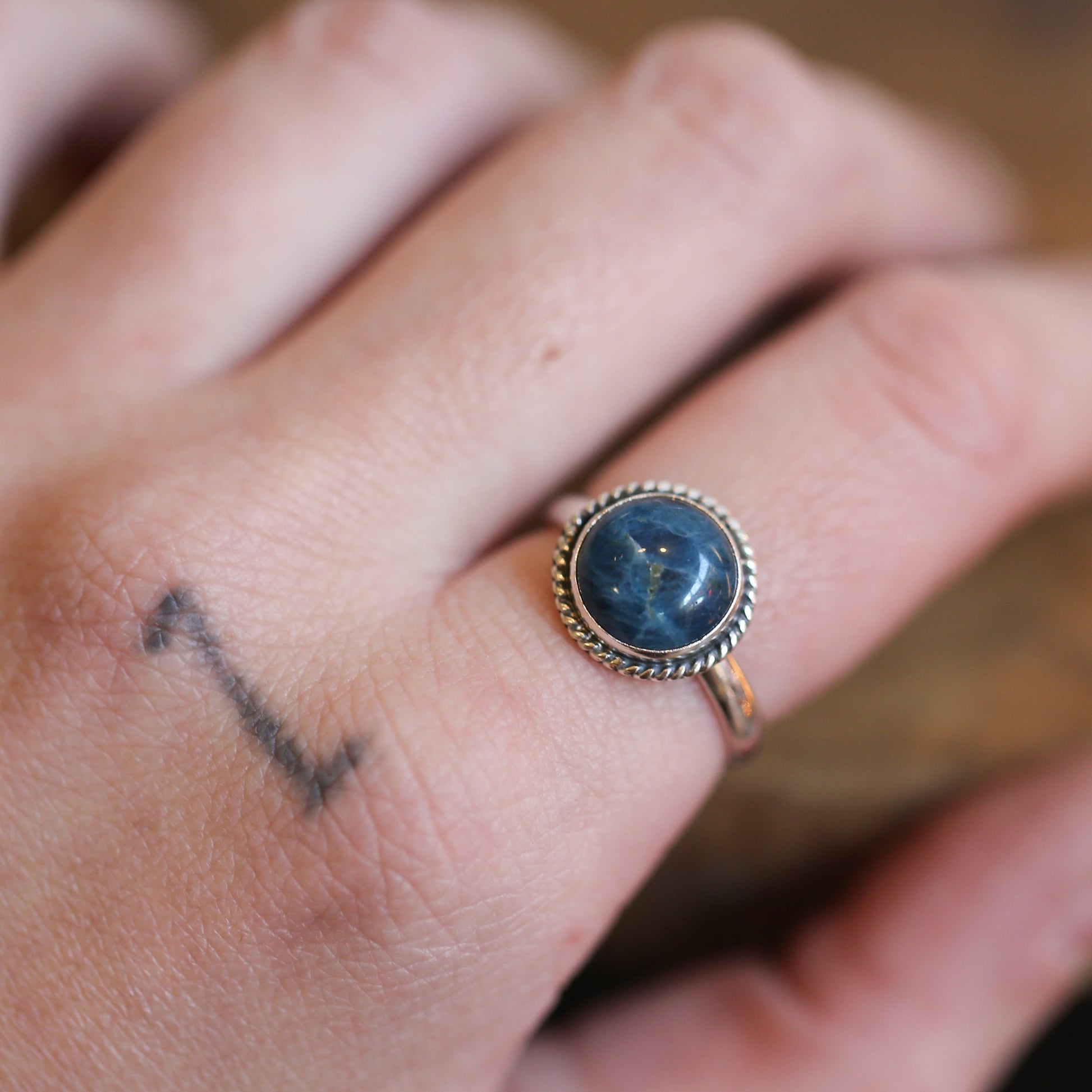 Teal Apatite Sterling Silver Ring - Handmade Stacker Ring