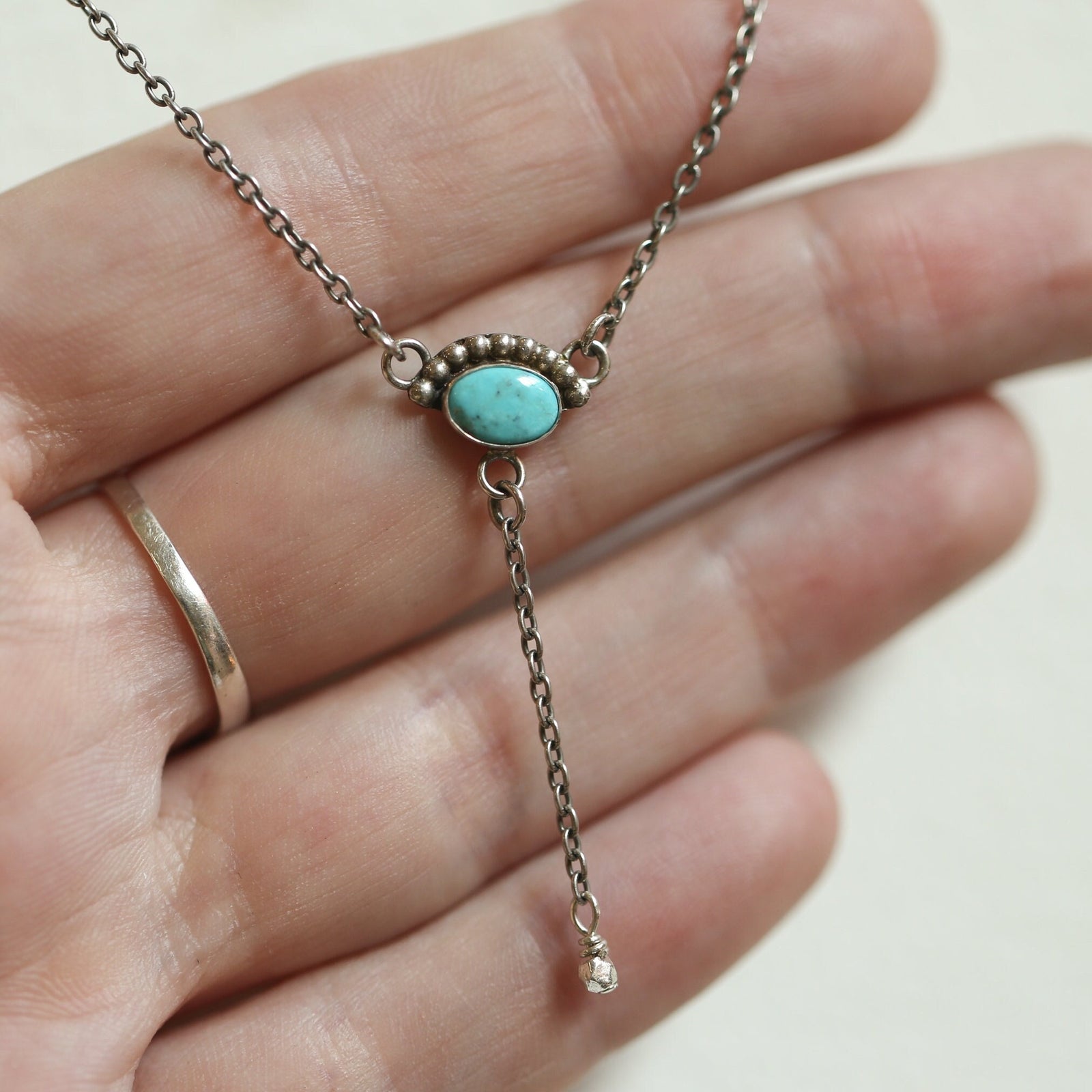 American Turquoise Sterling Silver Y Necklace - Dainty Lariat