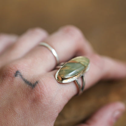 Custom Red Creek Jasper Ring - 18K Solid Gold Bezel - Sterling Silver