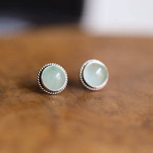 Burma Jade Sterling Silver Stud Earrings 10mm Cabochons – Traditional Silversmithing