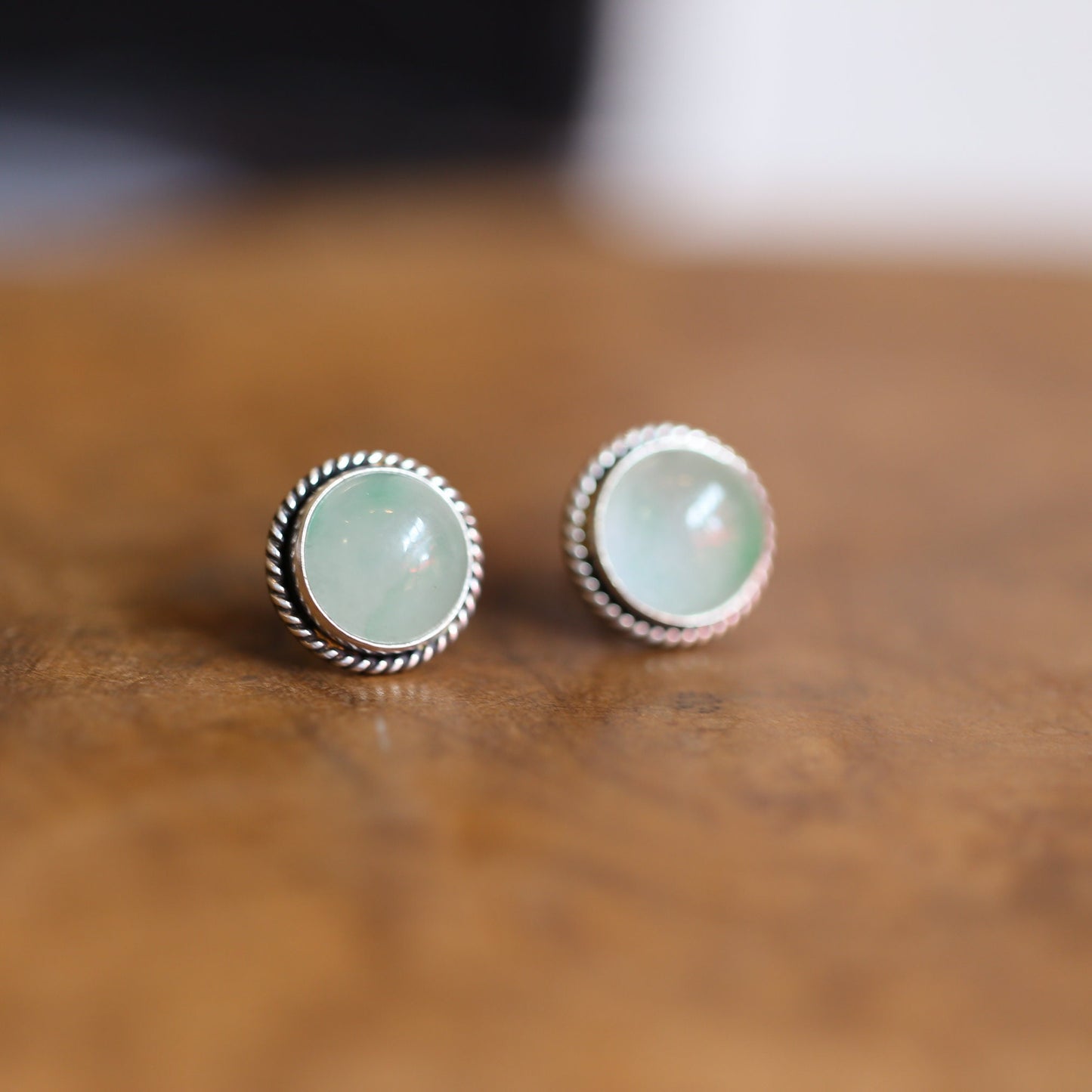Burma Jade Sterling Silver Stud Earrings 10mm Cabochons – Traditional Silversmithing