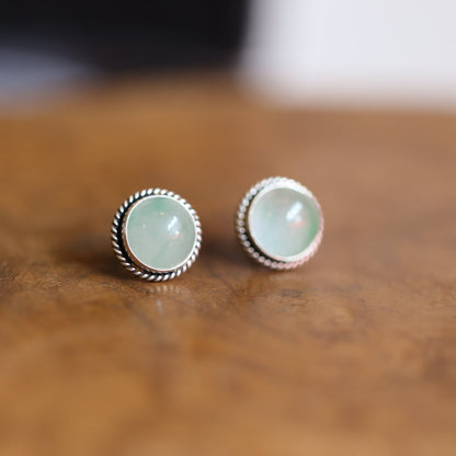 Burma Jade Sterling Silver Stud Earrings 10mm Cabochons – Traditional Silversmithing