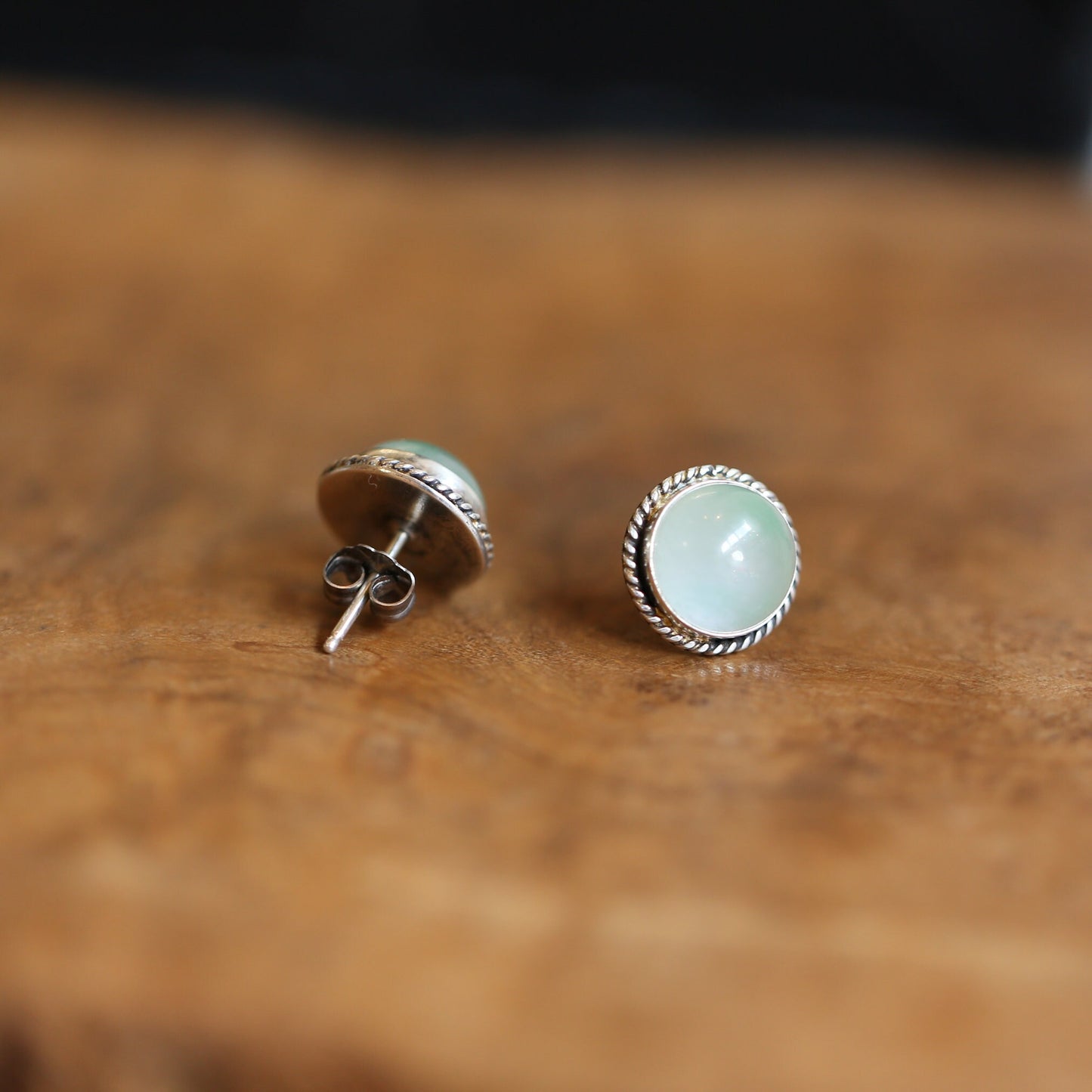 Burma Jade Sterling Silver Stud Earrings 10mm Cabochons – Traditional Silversmithing