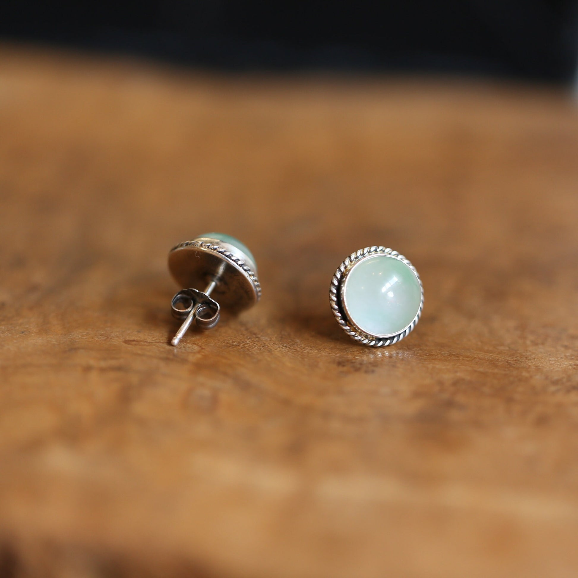 Burma Jade Sterling Silver Stud Earrings 10mm Cabochons – Traditional Silversmithing