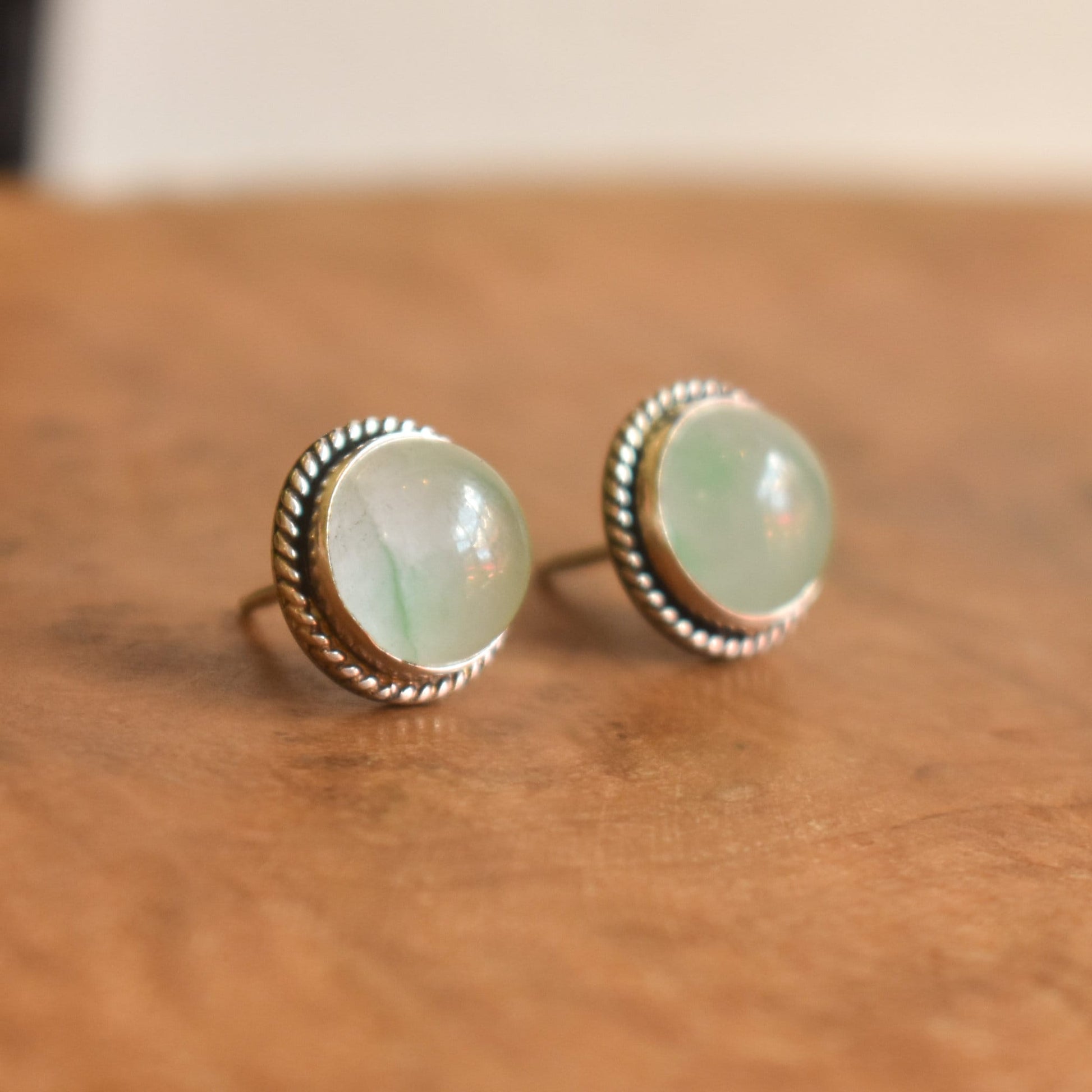 Burma Jade Sterling Silver Stud Earrings 10mm Cabochons – Traditional Silversmithing