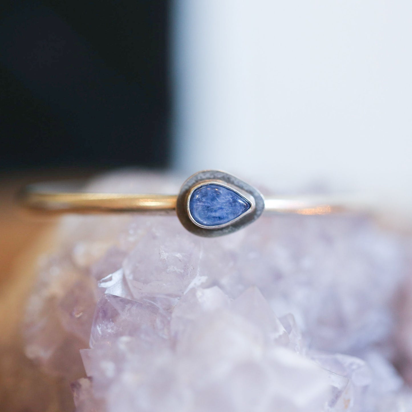 Blue Kyanite Sterling Silver Cuff Bracelet - Pear Cabochon