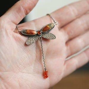 Red Creek Jasper Dragonfly Necklace - Carnelian - Sterling Silver