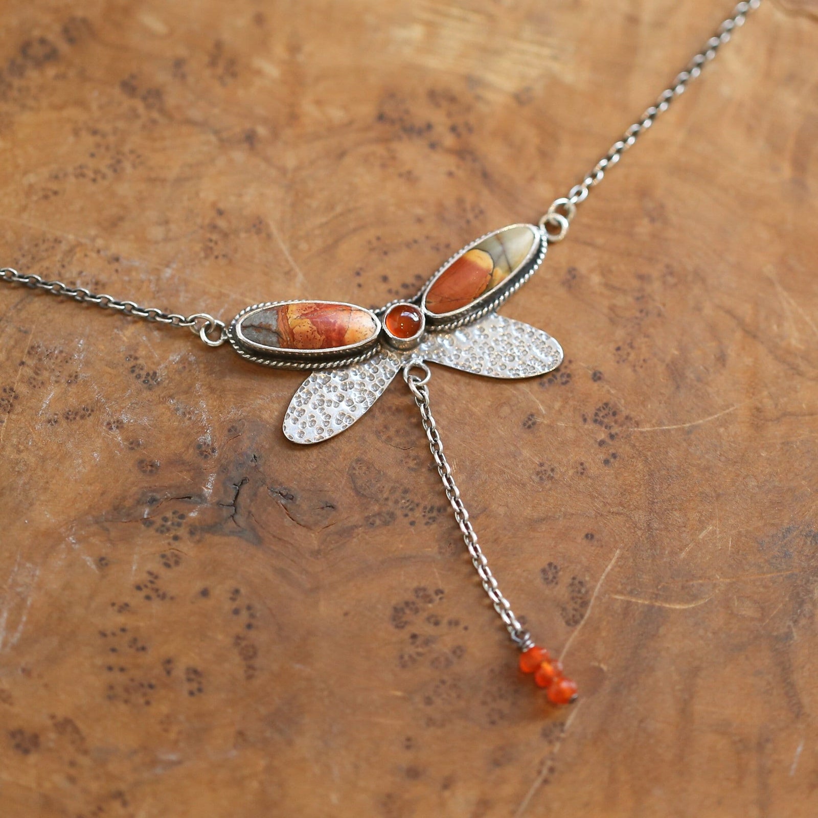 Red Creek Jasper Dragonfly Necklace - Carnelian - Sterling Silver