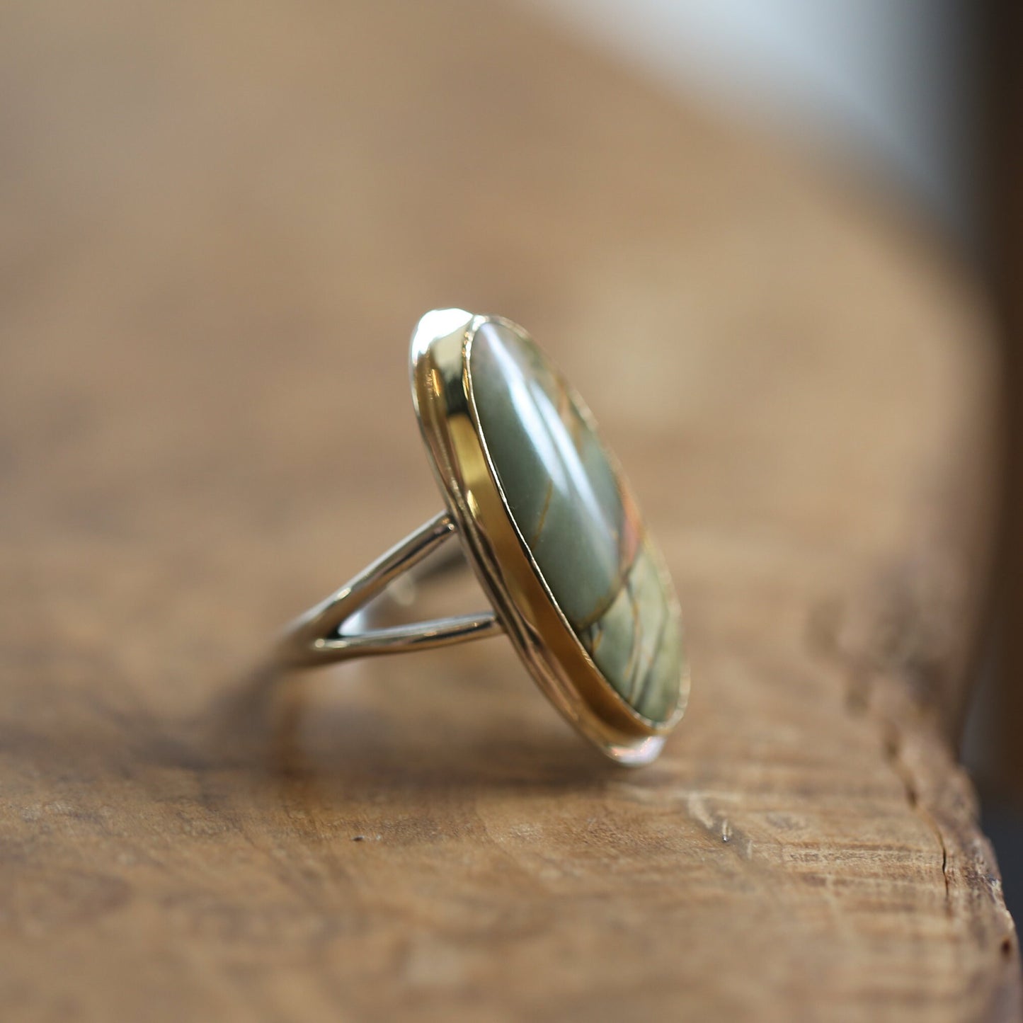 Custom Red Creek Jasper Ring - 18K Solid Gold Bezel - Sterling Silver