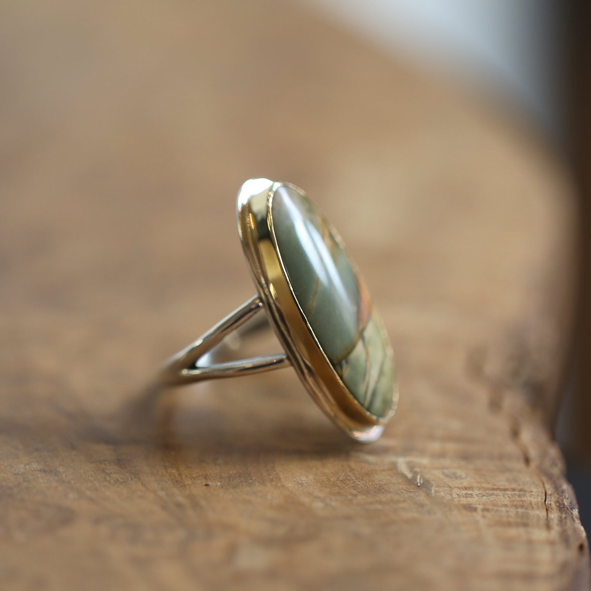 Custom Red Creek Jasper Ring - 18K Solid Gold Bezel - Sterling Silver
